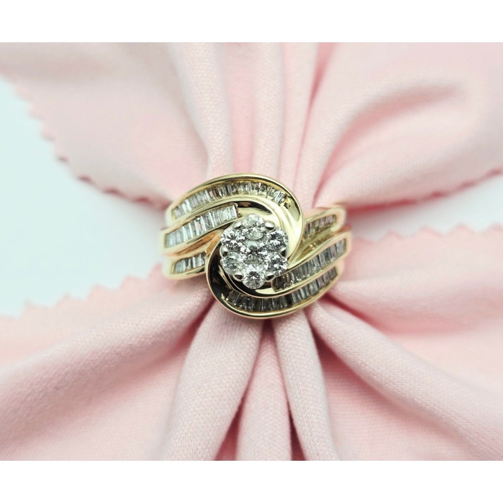 10k Karat Solid Two Tone Multi Color Gold Designer Baguette  Round Diamond Ring